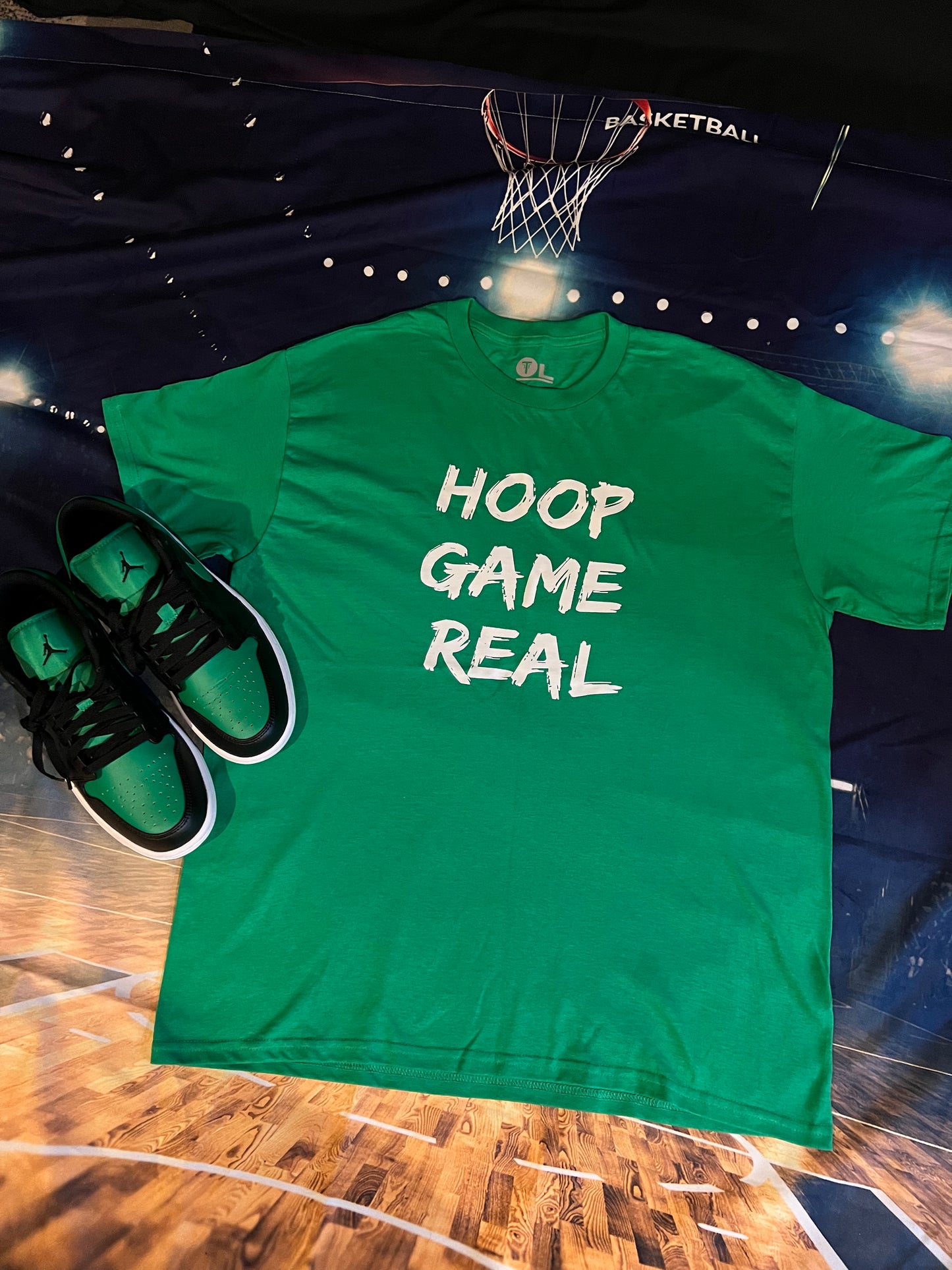 HoopGameReal Splash Green tee/ white logo