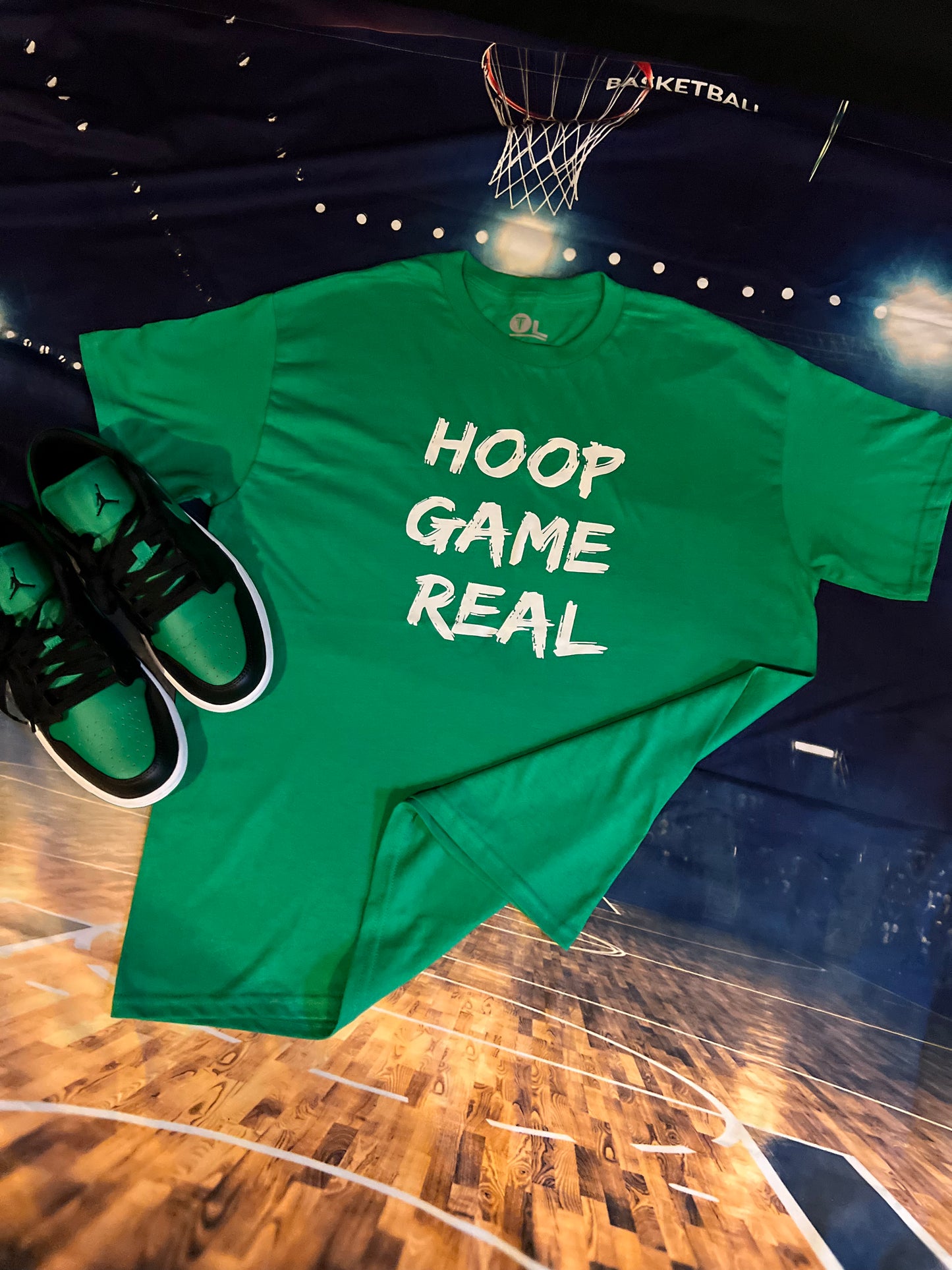 HoopGameReal Splash Green tee/ white logo