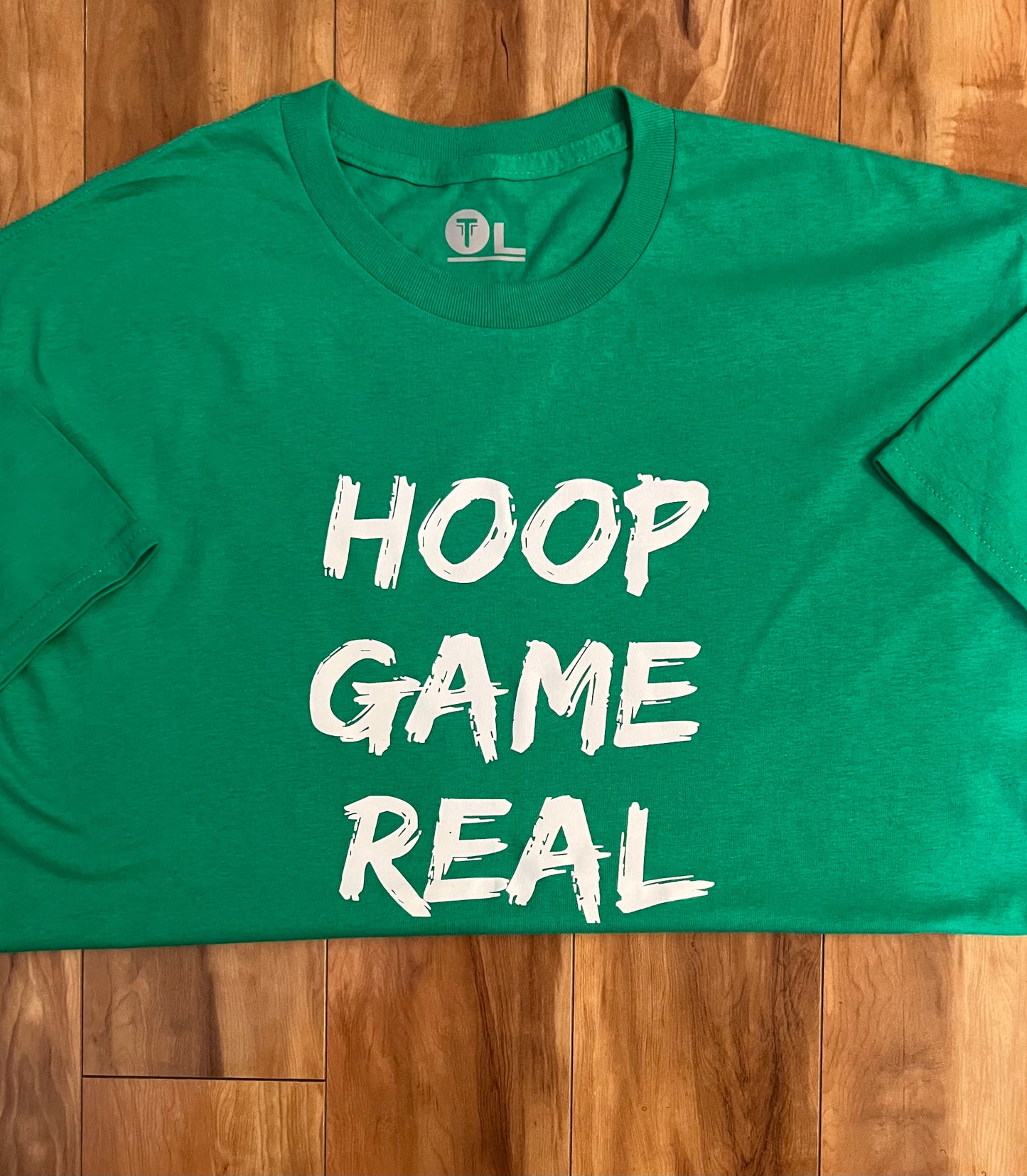 HoopGameReal Splash Green tee/ white logo